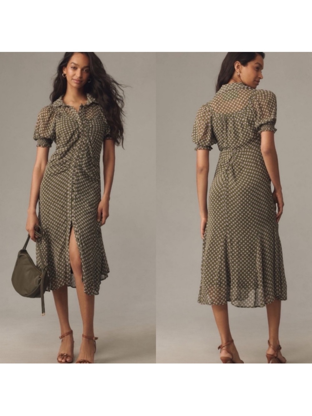 Anthropologie Puff-Sleeve Ruched Mesh Midi Shirt Dress